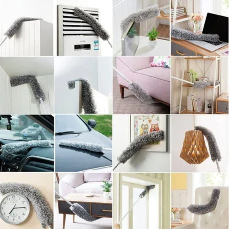 "Teleskopisk böjd mikrofiber dammvippa med förlängbar stång, mjukt böjbart huvud för svåråtkomliga ytor i hemmet."