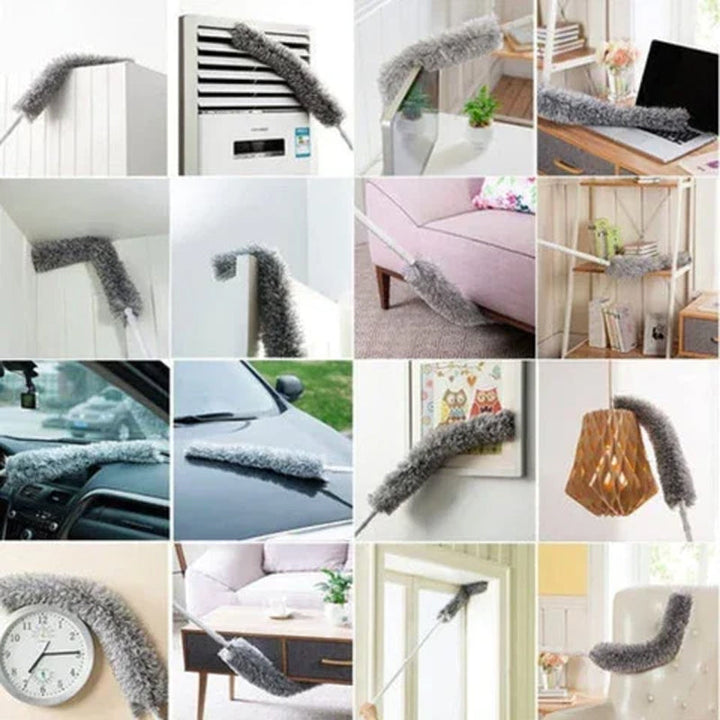 "Teleskopisk böjd mikrofiber dammvippa med förlängbar stång, mjukt böjbart huvud för svåråtkomliga ytor i hemmet."