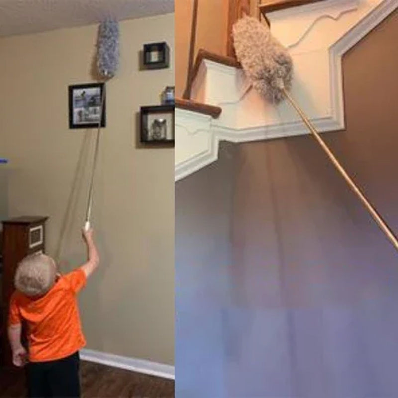 "Teleskopisk böjd mikrofiber dammvippa med förlängbar stång, mjukt böjbart huvud för svåråtkomliga ytor i hemmet."