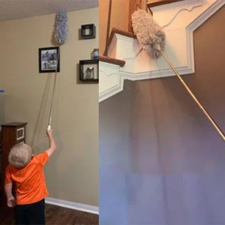 "Teleskopisk böjd mikrofiber dammvippa med förlängbar stång, mjukt böjbart huvud för svåråtkomliga ytor i hemmet."