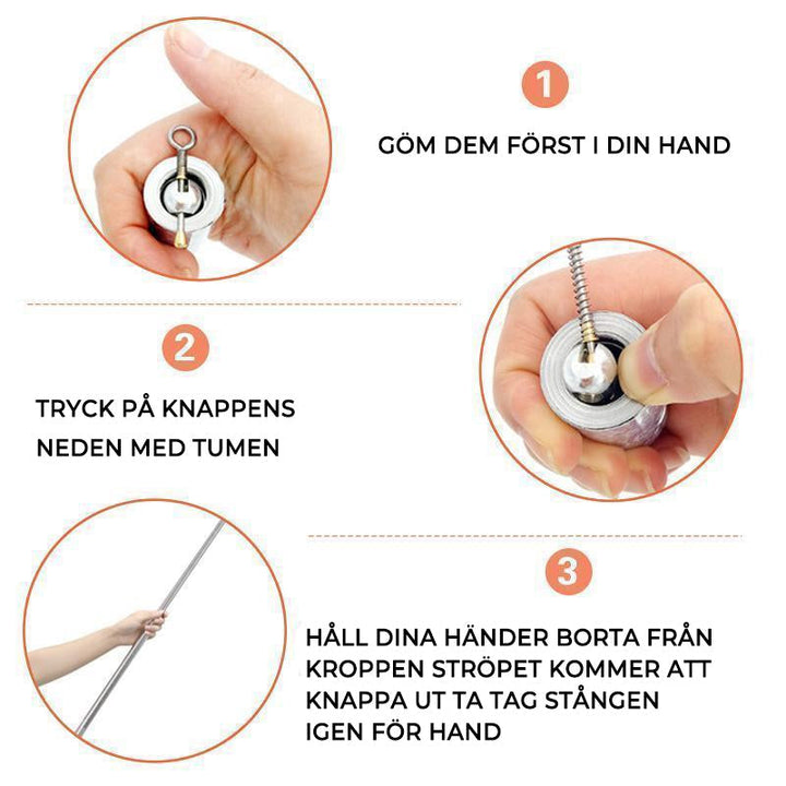 "Teleskopisk fickstav i rostfritt stål, utdragen till 120 cm, kompakt för självförsvar och diskret bärbarhet."