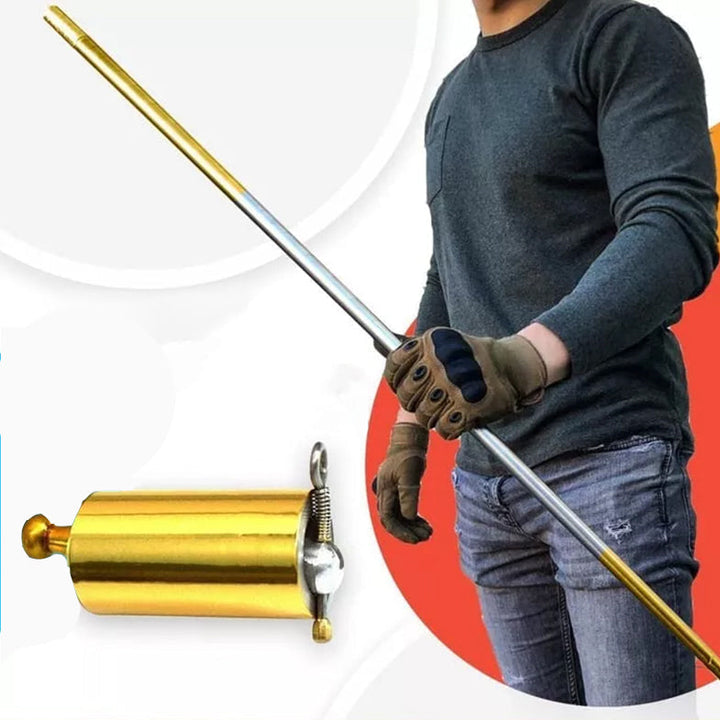 "Teleskopisk fickstav i rostfritt stål, utdragen till 120 cm, kompakt för självförsvar och diskret bärbarhet."