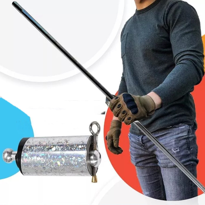 "Teleskopisk fickstav i rostfritt stål, utdragen till 120 cm, kompakt för självförsvar och diskret bärbarhet."