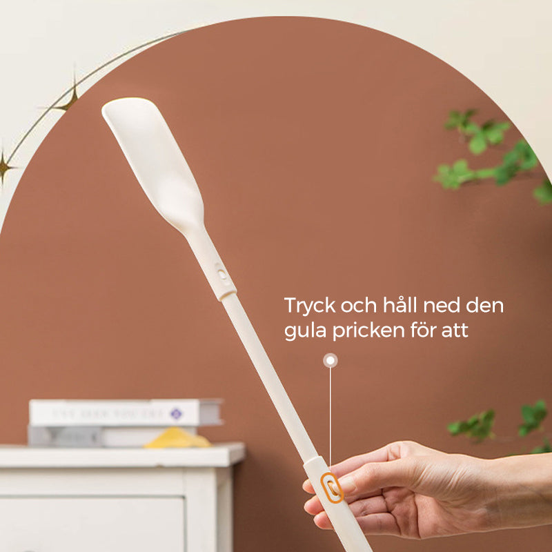 "Teleskopiskt justerbart skohorn för kvinnor i aluminium, delbart för enkel förvaring, erbjuder bekväm skovård."