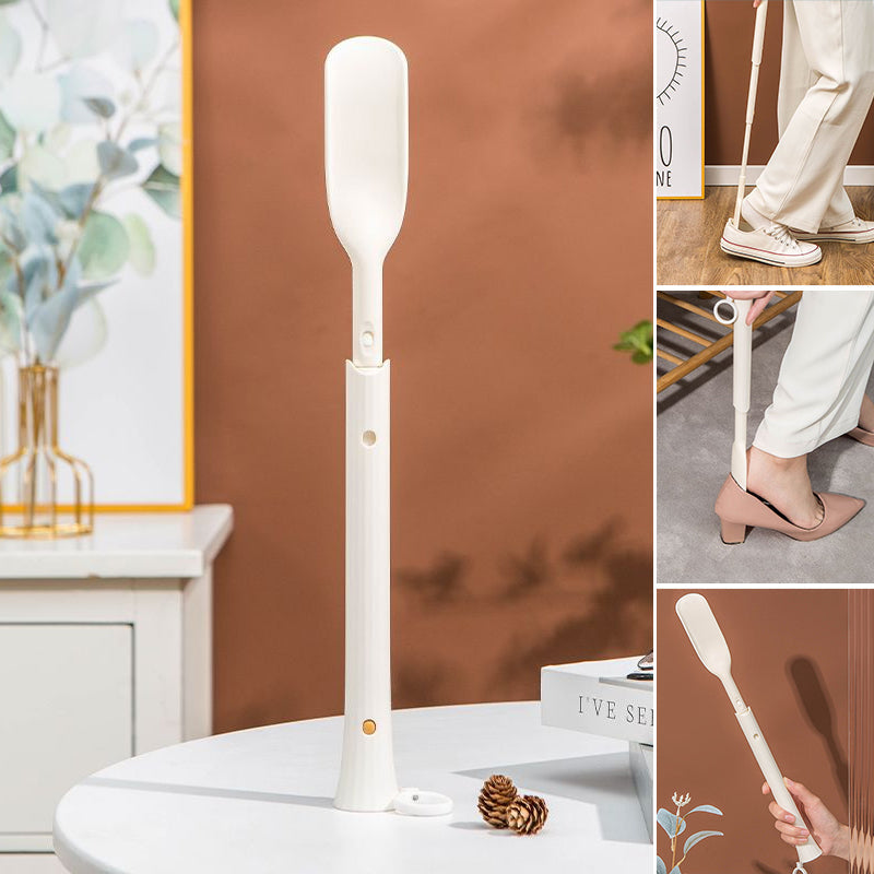 "Teleskopiskt justerbart skohorn för kvinnor i aluminium, delbart för enkel förvaring, erbjuder bekväm skovård."