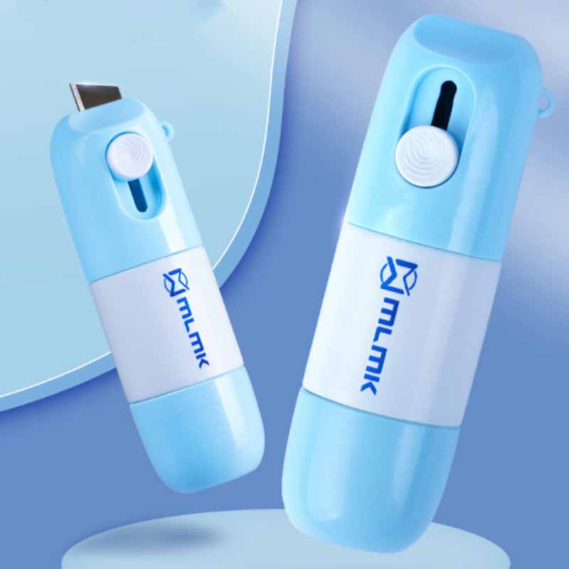 "Termisk korrigeringspenna med brytkniv i plast, kompakt 85x25mm, lätt att bära, idealisk för säker informationsförstörelse."