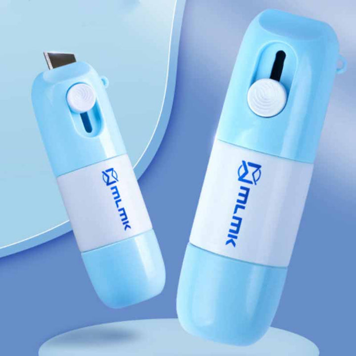 "Termisk korrigeringspenna med brytkniv i plast, kompakt 85x25mm, lätt att bära, idealisk för säker informationsförstörelse."