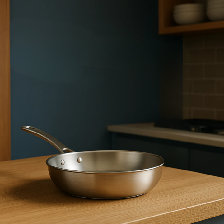 Exklusiv induktionsstekpanna i titan. Hammarslagen silvermetall ger jämn värme och giftfri matlagning.