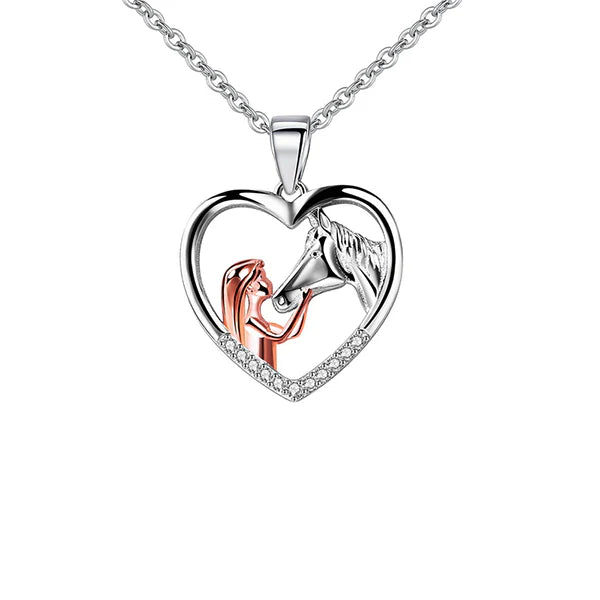 "Tjej och häst halsband i rostfritt stål, elegant design för hästälskare, hållbart och justerbart smycke."