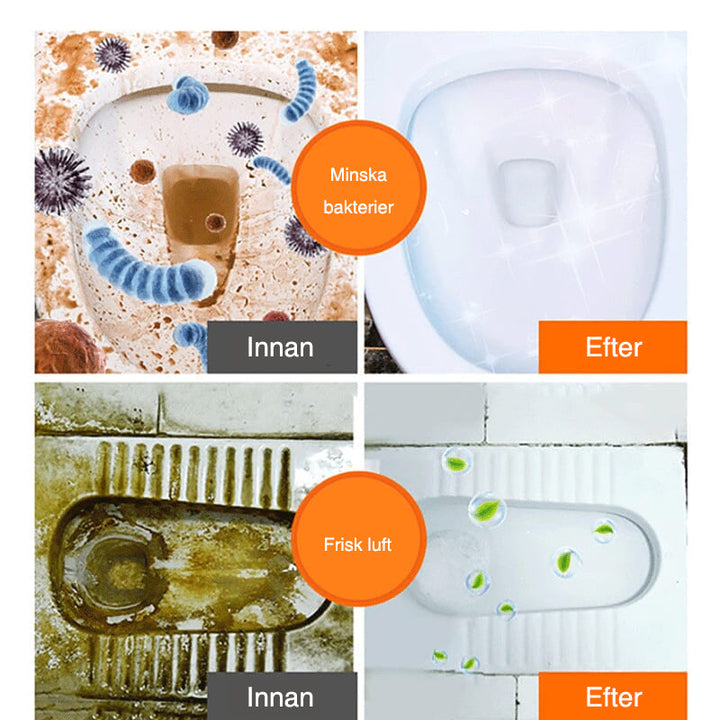 "Toalettaktivt syremedel för rengöring, vit flaska, eliminerar bakterier och fläckar för en ren och fräsch toalett."