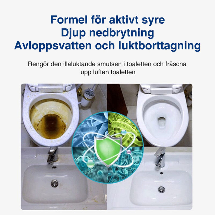 "Toalettaktivt syremedel för rengöring, vit flaska, eliminerar bakterier och fläckar för en ren och fräsch toalett."