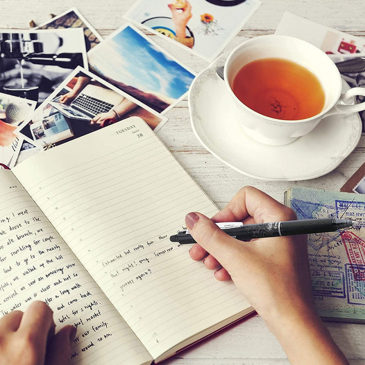 "Top down view of colorful erasable gel pens on white background with visible pen tips and vibrant colors."