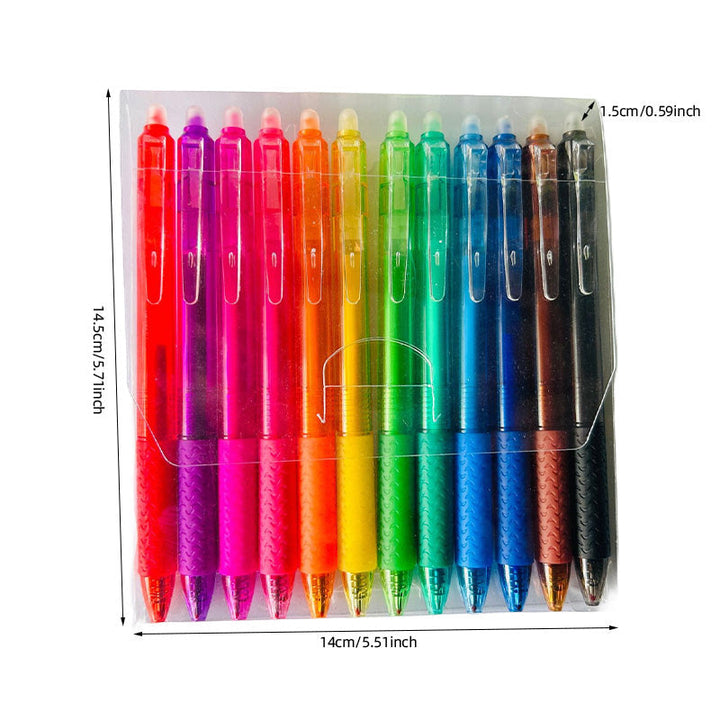 "Top down view of colorful erasable gel pens on white background with visible pen tips and vibrant colors."
