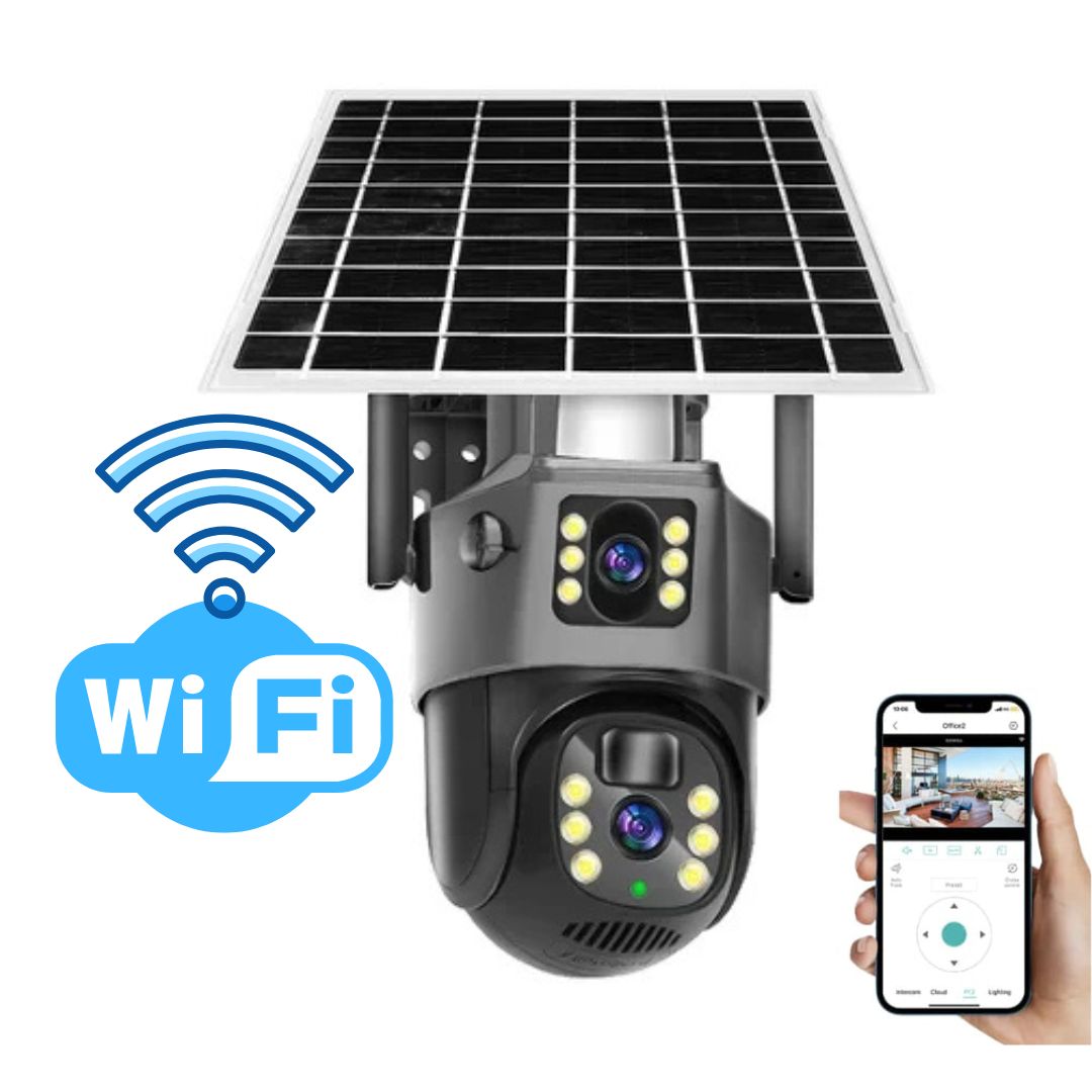 Säkerhetskamera med solpanel som laddar batteriet för trådlös 4K övervakning, energieffektiv.