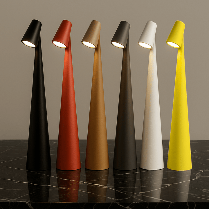Stilren designlampa med trådlös dimbar LED. Modern belysning för inomhus & utomhusbruk.