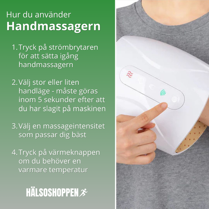 Ergonomisk handmassager med värmeterapi som lindrar smärta och stimulerar blodcirkulation.
