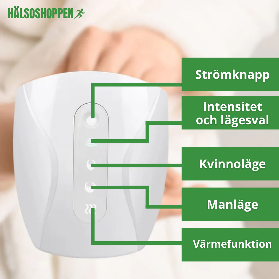 Person använder trådlös handmassageapparat för muskelavslappning och ökat välbefinnande.