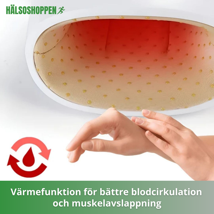 Kompakt handmassagemaskin med tryckmassage för att minska stelhet och öka flexibilitet i händer.