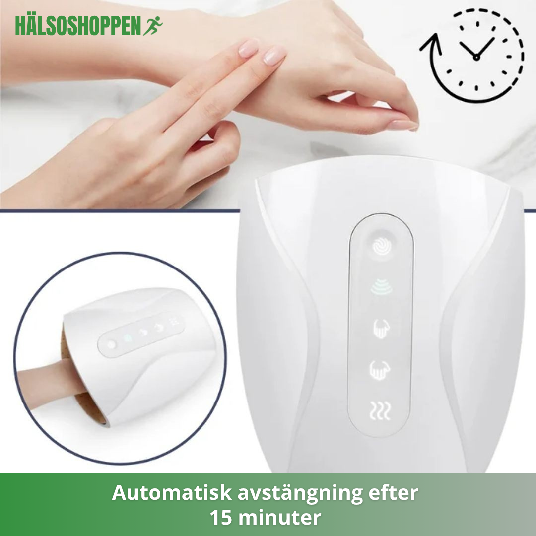 Portabel handmassageapparat med justerbara inställningar för personlig smärtlindring och massage.