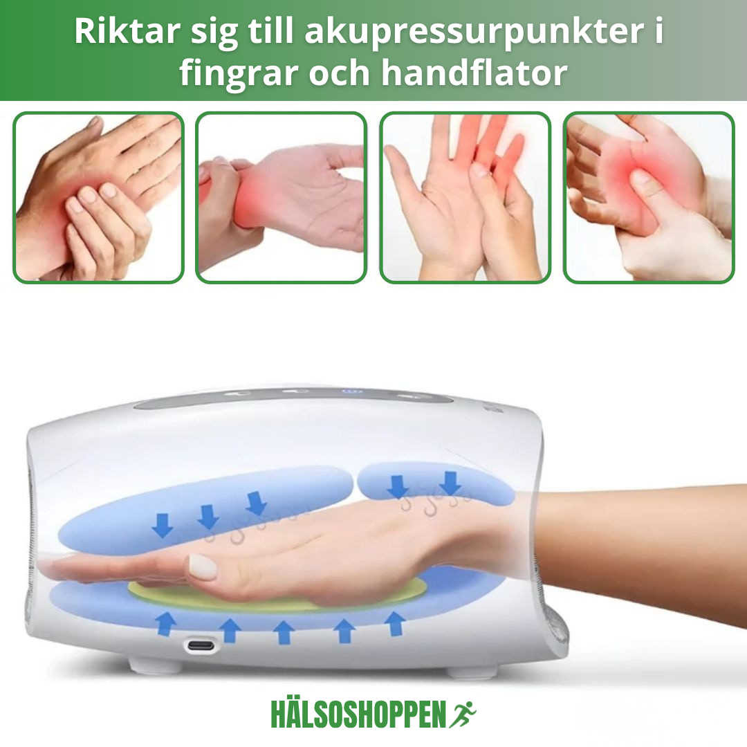 Bild på handmassageapparat som levererar lugnande värmeterapi för trötta och värkande händer.