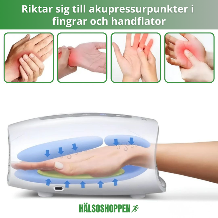 Bild på handmassageapparat som levererar lugnande värmeterapi för trötta och värkande händer.