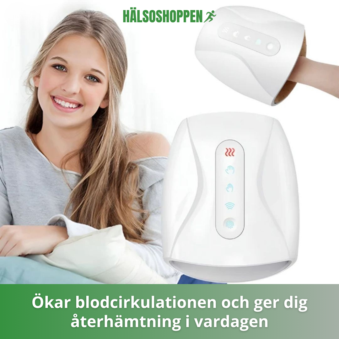 Avancerad handmassör som kombinerar luftkompression och värme för effektiv smärtlindring och avslappning.