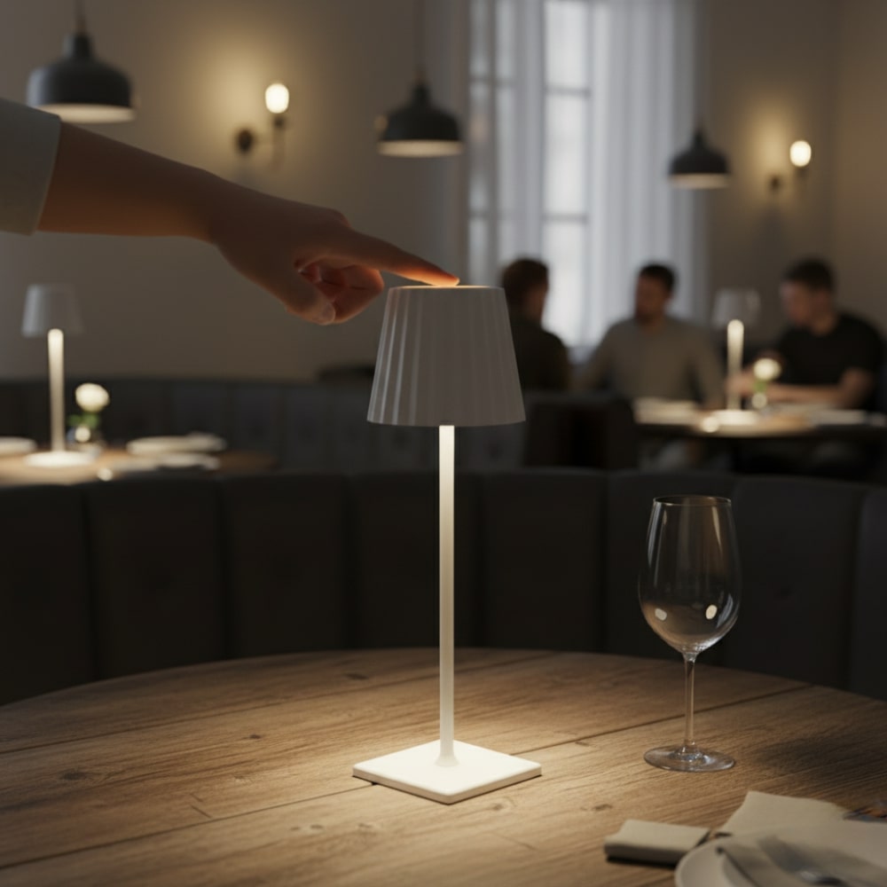 Dimbar trådlös bordslampa i modern stil. Ger mysigt sken på nattduksbordet eller soffbordet.