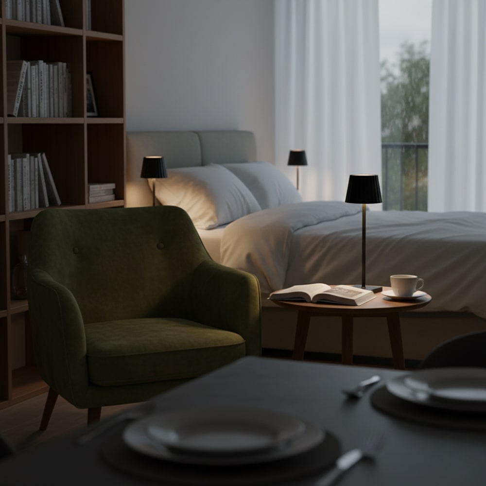 Stilren trådlös LED bordslampa. Dimbar, uppladdningsbar och passar perfekt för mysiga kvällar hemma.