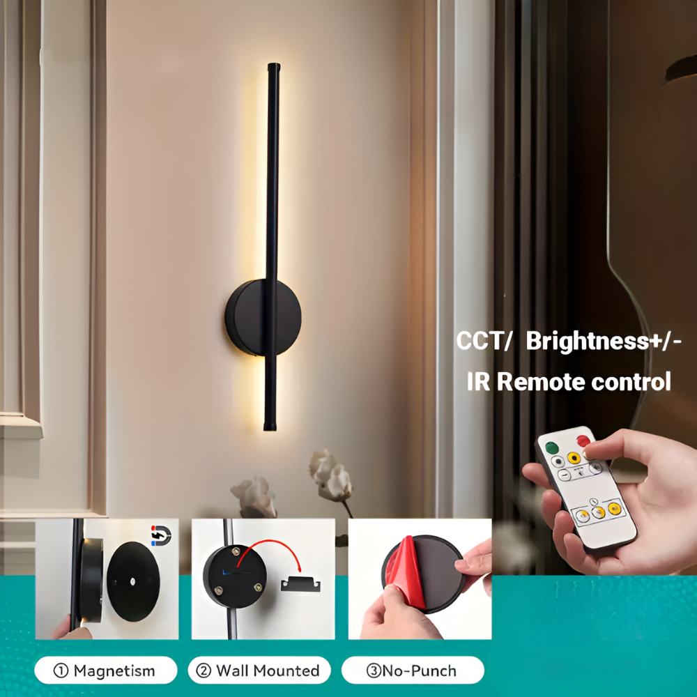 Trådlös LED vägglampa, uppladdningsbar och dimbar, med modern design för smart hembelysning.