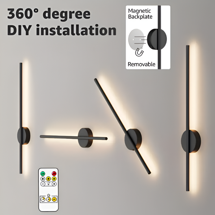 Dimbar LED vägglampa med magnetisk montering, trådlös och fjärrstyrd för flexibel belysning.