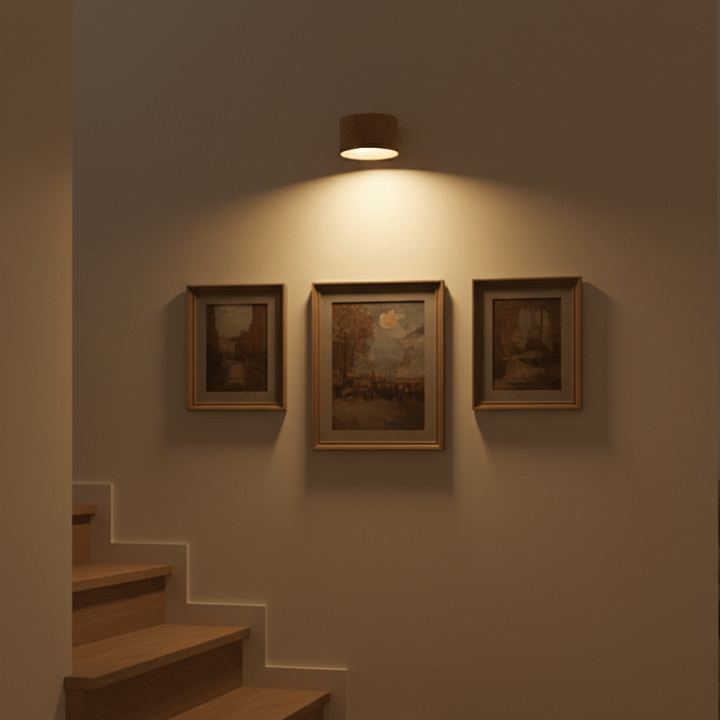 Stilren laddbar vägglampa med nordisk design och LED-belysning, enkel att styra med fjärrkontroll.