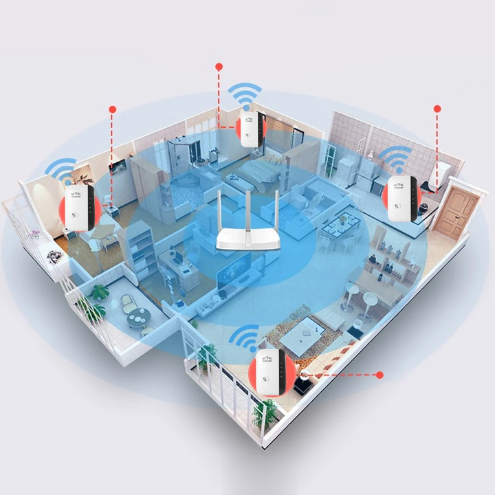Kompakt WiFi-repeater som enkelt utökar ditt trådlösa nätverk för snabbare internet hemma och på kontoret.