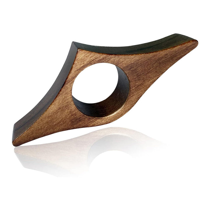 Trä pressbokläsare i elegant valnöt för enhandshantering, med slät yta och rundade kanter, ideal för bokälskare.