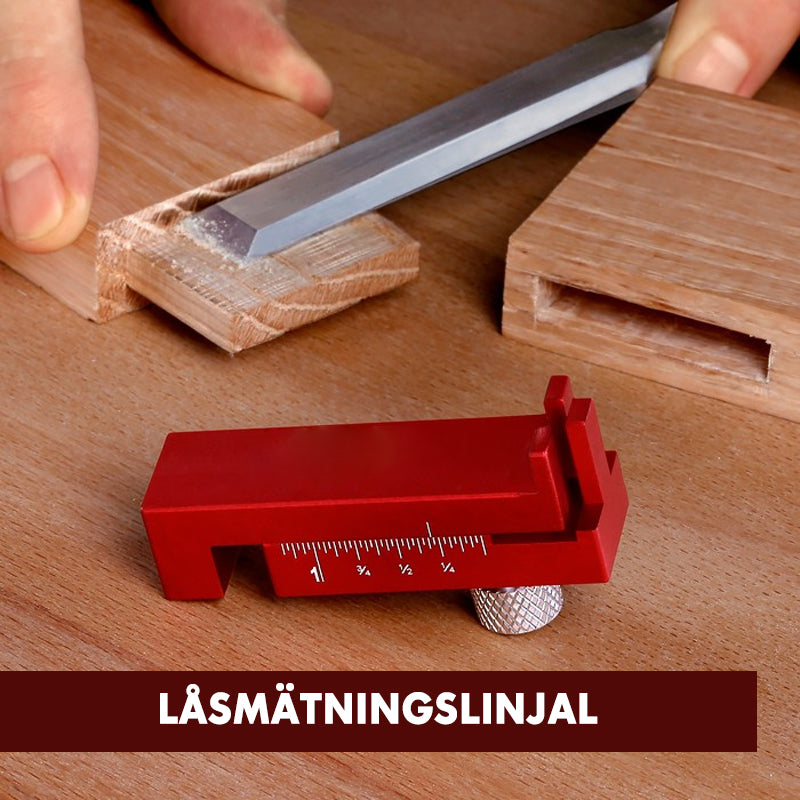 "Träbearbetningsavståndsmätare i slitstarkt aluminium för exakta mätningar med lasergraverad skala för snickeriprojekt."