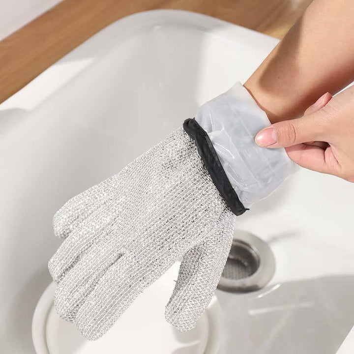"Tråddiskhandskar i bambufiber, silverfärgade med halkfri design, perfekt för hushållsrengöring och köksarbete."