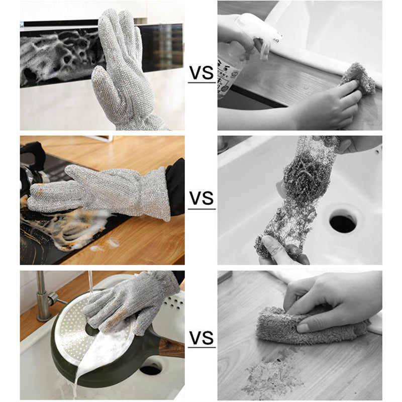 "Tråddiskhandskar i bambufiber, silverfärgade med halkfri design, perfekt för hushållsrengöring och köksarbete."