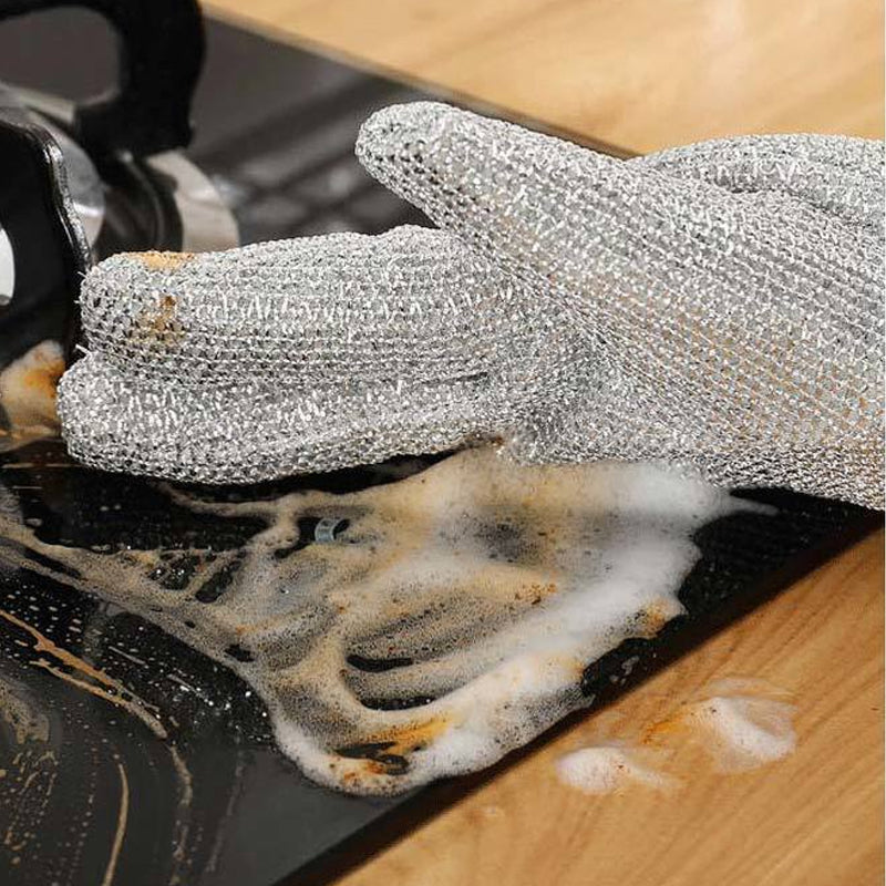 "Tråddiskhandskar i bambufiber, silverfärgade med halkfri design, perfekt för hushållsrengöring och köksarbete."
