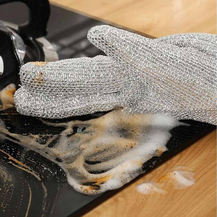 "Tråddiskhandskar i bambufiber, silverfärgade med halkfri design, perfekt för hushållsrengöring och köksarbete."