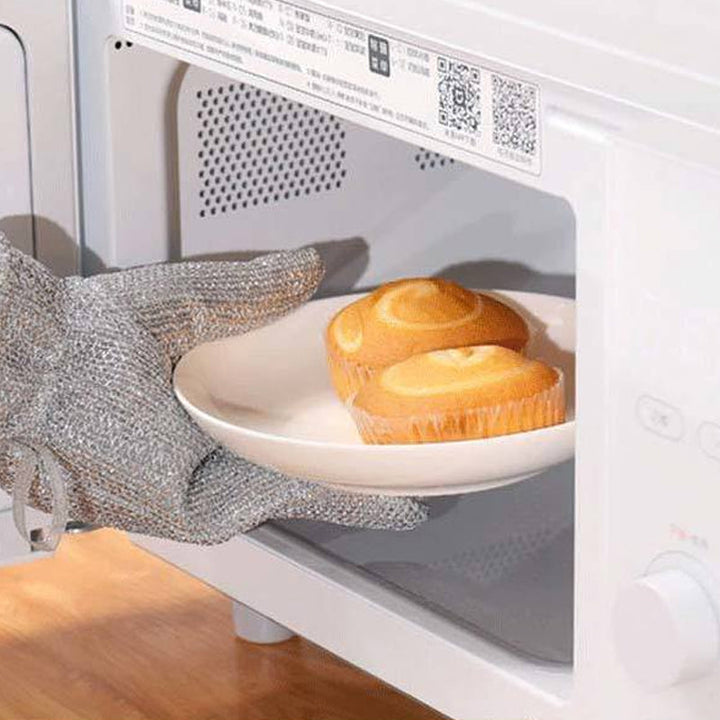 "Tråddiskhandskar i bambufiber, silverfärgade med halkfri design, perfekt för hushållsrengöring och köksarbete."