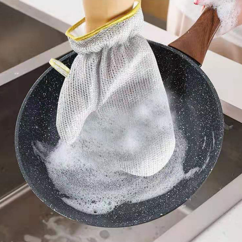 "Tråddiskhandskar i bambufiber, silverfärgade med halkfri design, perfekt för hushållsrengöring och köksarbete."