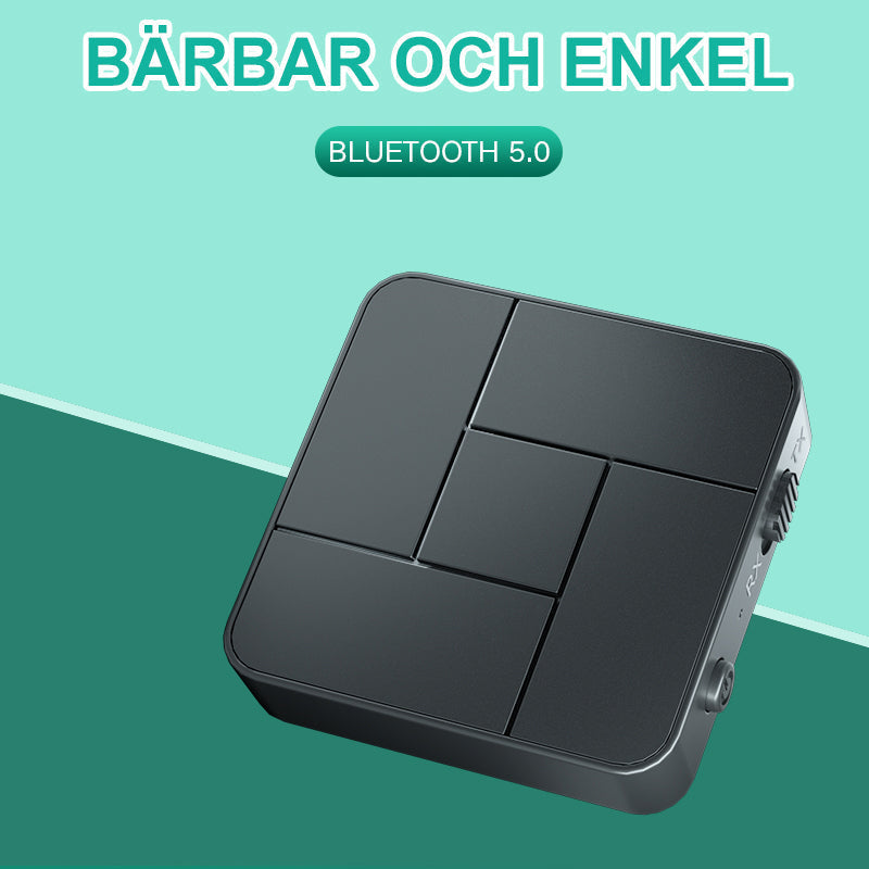 Trådlös Bluetooth 5.0 ljudsändare och mottagare i svart, kompakt design för TV och smartphones, ger trådlöst ljud.