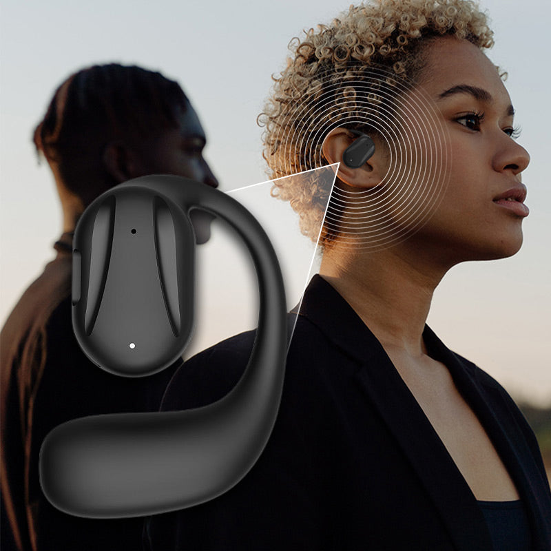 Trådlös Bluetooth-öronsnäcka med benledning, elegant design, grå, för aktiv livsstil och möjlighet att höra omgivningen.