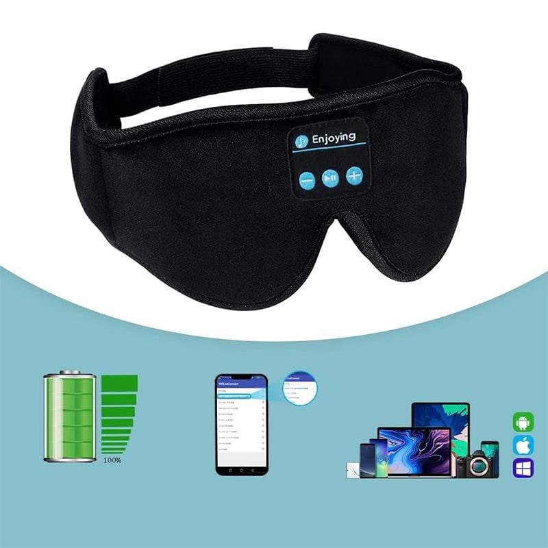 "Trådlös Bluetooth-sömnmask i mjuk velour för avkoppling, blockerar ljus, lyssna på musik. Perfekt för resor och meditation."