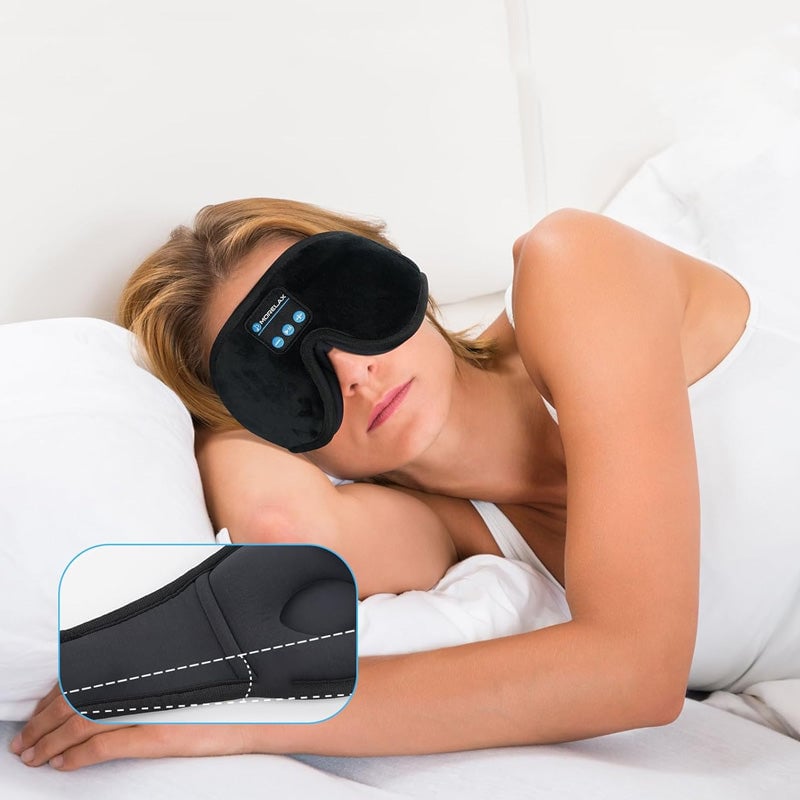 "Trådlös Bluetooth-sömnmask i mjuk velour för avkoppling, blockerar ljus, lyssna på musik. Perfekt för resor och meditation."