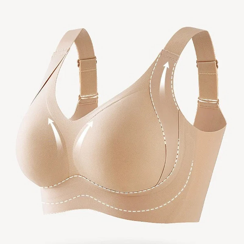 "Trådlös dam-BH i beige med sidostöd och fast stoppning för ökat stöd, smidig design för en slät silhuett."