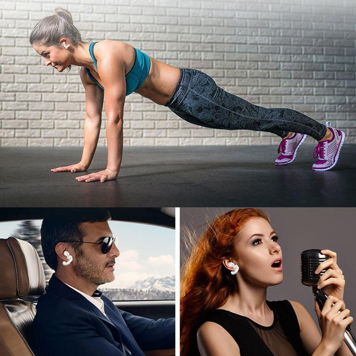 "Trådlös hörlursklämma i polykarbonat, säker passform, flera färger, för träning med trådlösa hörlurar som Airpods."