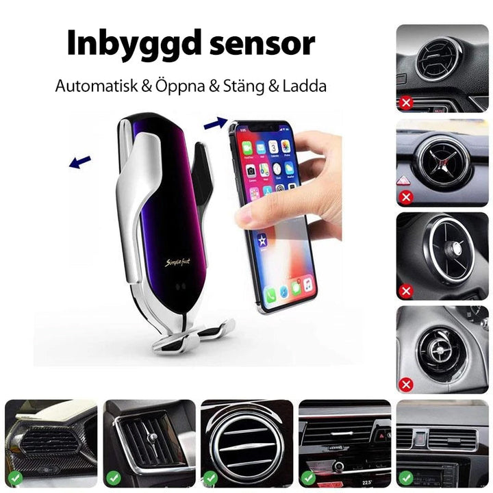 Trådlös Qi-billaddare med robotarm i silver, flexibel justering och 360° rotation för optimal mobilanvändning i bilen.