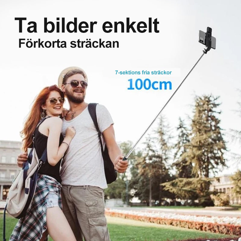 "Trådlös selfiepinne med LED-belysning och bluetooth i svart, förlängningsbar design i aluminium för iPhone och Android."