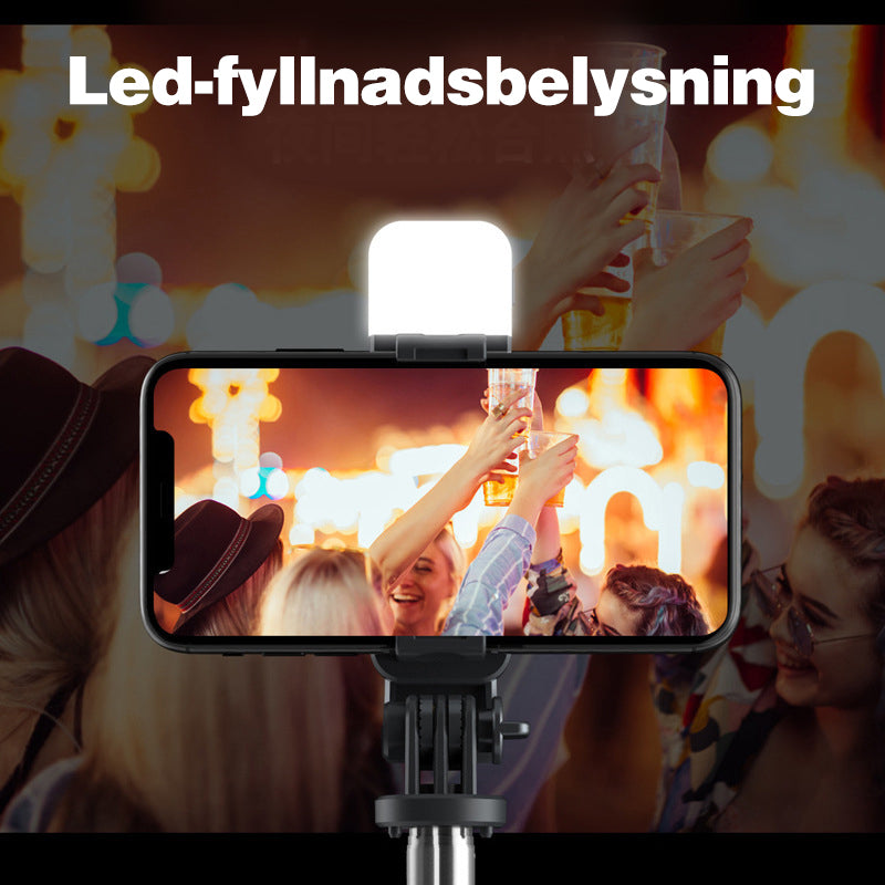"Trådlös selfiepinne med LED-belysning och bluetooth i svart, förlängningsbar design i aluminium för iPhone och Android."
