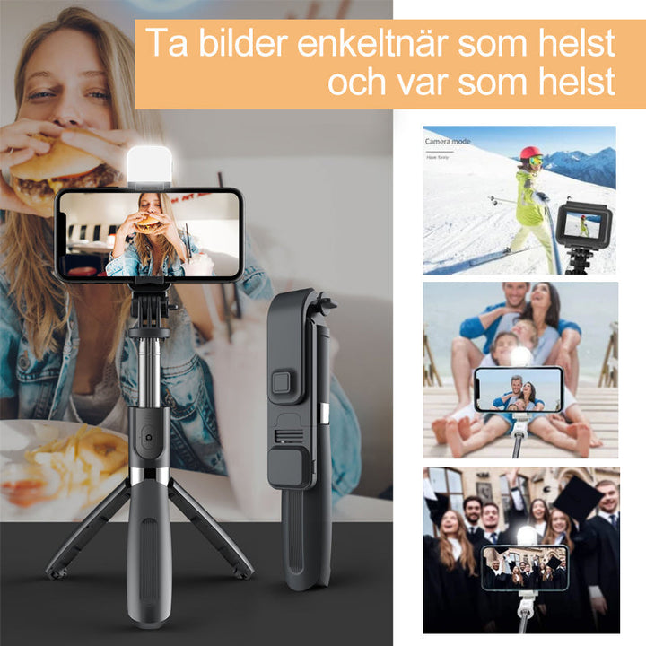 "Trådlös selfiepinne med LED-belysning och bluetooth i svart, förlängningsbar design i aluminium för iPhone och Android."